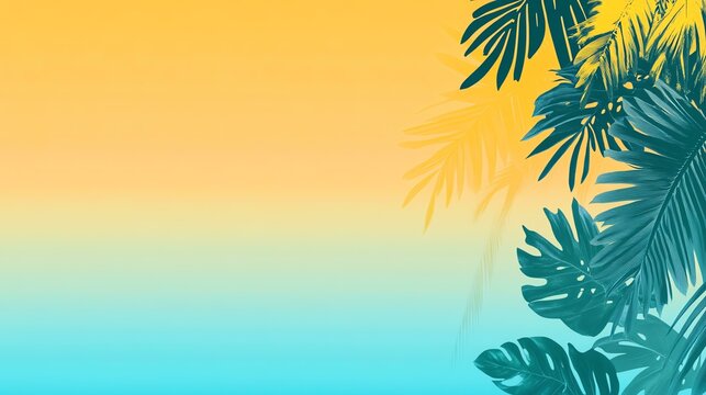 Vibrant tropical background with lush leaves against a soft gradient of yellow and blue, perfect for summer themes.