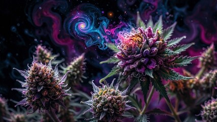 Vibrant trippy psychedelic art illustration of a cannabis weed flower showcasing its trichomes and dense buds with blurry swirling space and galaxies in the background.	