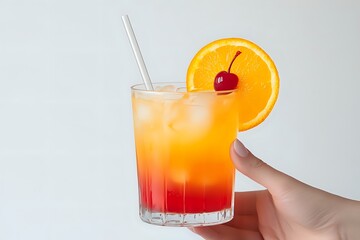 A hand holding a glass of orange and red layered cocktail with an orange slice and cherry garnish.