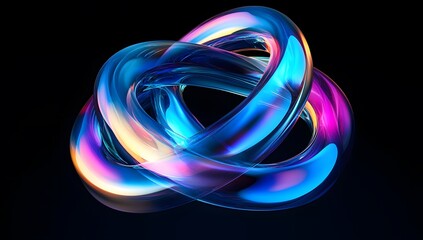 Abstract fluid 3D render, a colorful iridescent gradient in the shape of two intertwined rings on a black background. 