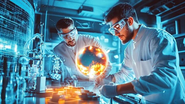 Two young adult male student scientists making a huge scientific breakthrough in a futuristic college physics laboratory.