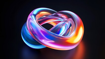 Abstract fluid 3D render, a colorful iridescent gradient in the shape of two intertwined rings on a black background. 