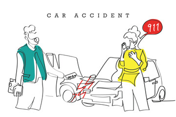 hand drawn line art vector art of a car clash on road with a man and woman fighting and panicking calling emergency dial for help.