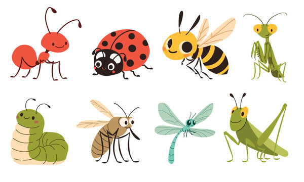 A set of flat vector illustrations in children's style. Cute mosquito caterpillar wasp ladybug mantis dragonfly grasshopper grasshopper ant. Vector illustration