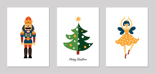 Vector cute set of greeting cards of nutcracker, ballerina and christmas tree. Merry Christmas conceptInterior poster. Hand drawn illustration.