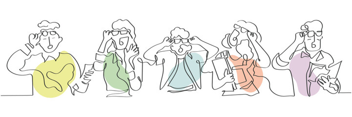 Hand drawn line art vector of a surprised people of different ages. People with work glasses on acting all shocked and astonished based on some information they have read online