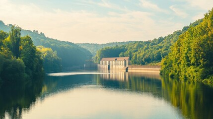 Obraz premium Serene River Reflecting a Building in the Forest