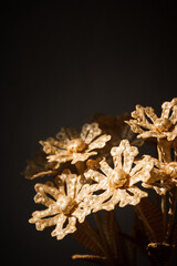 Flower made of straw on a dark background. The flower is illuminated by the sun. Straw weaving. Small depth of field. 