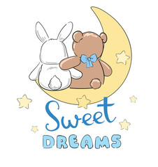 Cute teddy bear with cute bunny on the moon, vector illustration, Hand Drawn Cute kids fashion artworks, baby graphics prints for pajamas 