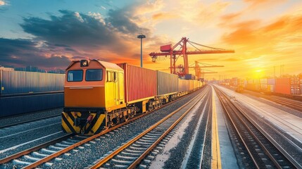 Fototapeta premium A freight train carrying cargo containers on a railway track at sunset. The train is moving towards a cargo port with a large crane in the background.