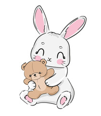 Hand drawn cute bunny with toy teddy bear vector illustration 