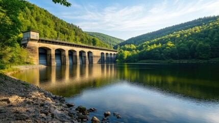 Fototapeta premium Stunning Dam Archway Over Calm Water and Lush Green Trees