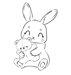 Hand drawn cute bunny with toy teddy bear vector illustration 