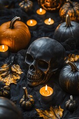 Skull with autumn leaves and candles. Autumn banner. free copy space.