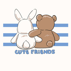 hand drawn cute bunny with teddy bear vector illustration kids print 