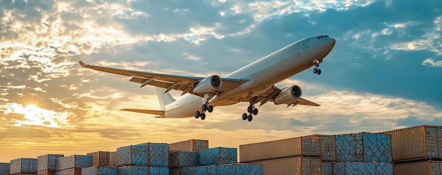 Plane taking off with a full load of cargo, symbolizing air transportation in global logistics
