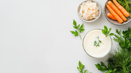 Fresh probiotic ingredients arranged on a white surface, featuring a bowl of creamy sauce, chopped vegetables, and herbs