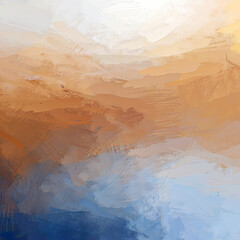 visually stunning middle abstract painting composition with brush stroke details, dynamic shapes and blended shadow with vibrant colors of blue, brown, orange mustard, off white and ash blue gray