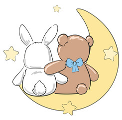 Cute teddy bear with cute bunny on the moon, vector illustration, Hand Drawn Cute kids fashion artworks, baby graphics prints for pajamas 