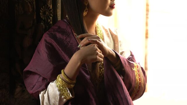 Myanmar Woman in traditional Myanmar suit sightseeing travel at ancient temple in Myanmar 