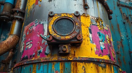 A stainless steel tank covered in vibrant graffiti, set against the backdrop of an abandoned industrial warehouse, with rusting pipes and concrete textures