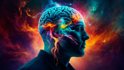 A digital artwork closeup portrait of a human with a brain exposed, surrounded by vibrant flames, cosmic elements, galaxies and ethereal fog. Spirituality higher states of consciousness illustation.