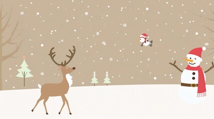 A minimalist background showcases Santa's elk and a snowman. The elk stands with grace, its antlers reaching upwards. The snowman is crafted with care, with a carrot nose and coal eyes