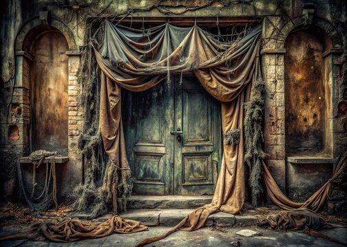 Dark, twisted, and worn out fabric background with shredded and distressed details, resembling an old, abandoned, and mysterious ruin entrance.