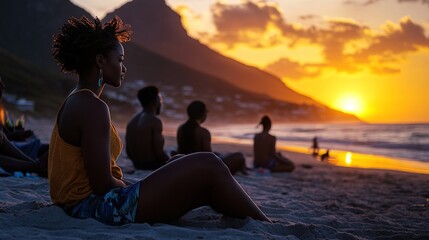 A serene sunset on the beach with individuals meditating and enjoying the moment.