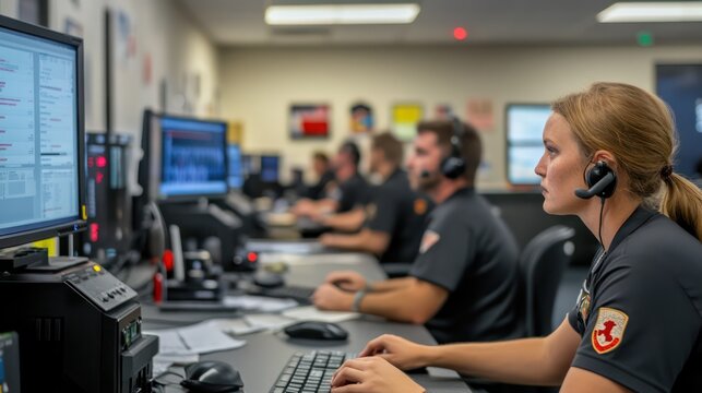 Inside a 911 dispatch center, with operators using advanced technology to coordinate first responders, police, and medical teams.