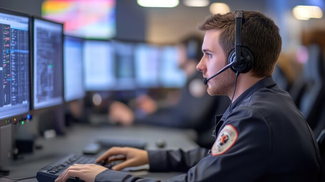 Inside a 911 dispatch center, with operators using advanced technology to coordinate first responders, police, and medical teams.