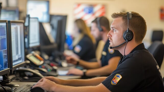 Inside a 911 dispatch center, with operators using advanced technology to coordinate first responders, police, and medical teams.