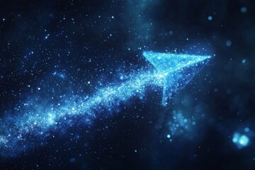 An arrow icon made of shimmering stardust, arching across a dark night sky, symbolizing cosmic guidance.