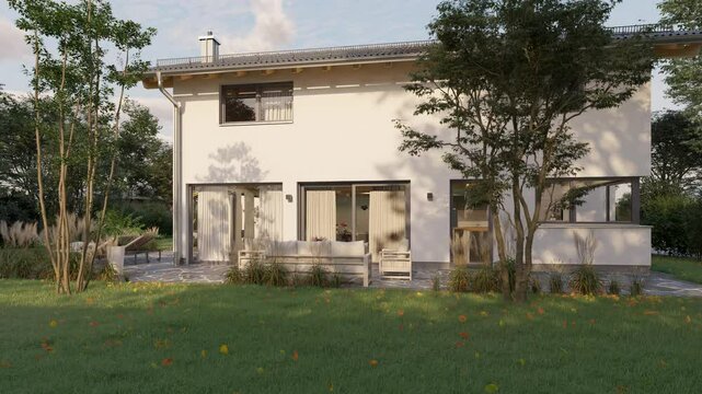 CGI camera move around a nice new build attached family house with garden and big windows with trees and bushes in europe