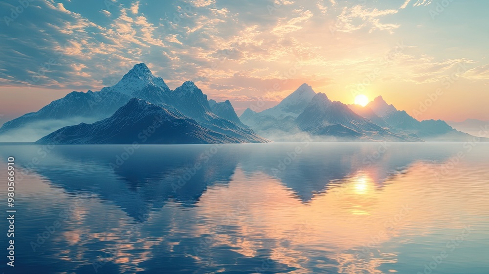 Canvas Prints A 3D render of a mystical landscape with mountains reflecting on the water's surface, under a glowing skyline for a peaceful zen mood.