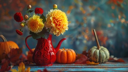 Obraz premium Beautiful still life autumn flowers photo with yellow dahlias in a vintage red jug and pumpkins on the table. Fall festival concept.