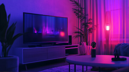 living room with TV and table, violet tone, night, cinematic lighting