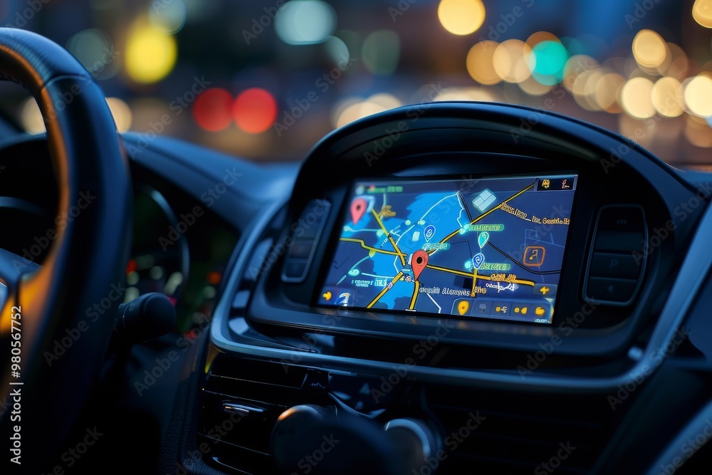 Poster A futuristic car dashboard displaying a GPS navigation map, highlighting advanced automotive technology and smart driving interface for route guidance