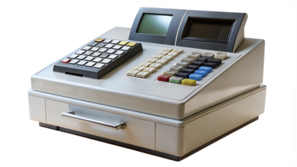 Modern Electronic Cash Register with Customer Display and Functional Keys at Point of Sale. transparent background