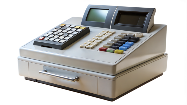 Modern Electronic Cash Register with Customer Display and Functional Keys at Point of Sale. transparent background