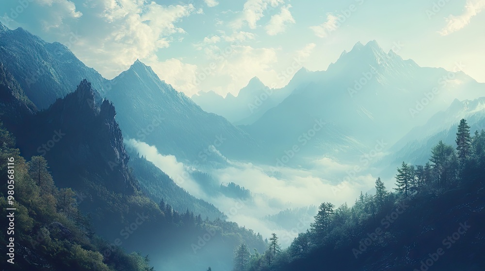 Wall mural a breathtaking morning panorama of untouched wild nature high in the mountains, with soft mist and s