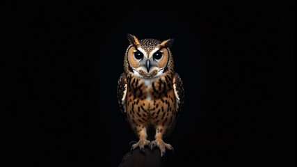 Naklejka premium A brown and white owl stands on a stone in complete darkness.