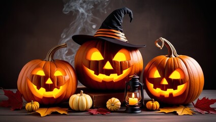 Fototapeta premium Halloween-themed image featuring pumpkins with glowing faces