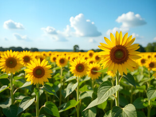 Fototapeta premium Stunning Sunflower Field in Full Bloom Under Clear Blue Sky with Fluffy White Clouds, Vibrant Yellow Petals and Lush Green Leaves Creating Joyful Atmosphere of Natural Beauty and Warmth