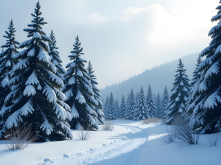 Serene Winter Landscape with Towering Evergreen Trees Blanketed in Fresh Snow, Lush Green Hues Contrasting Against Pure White Snow, Inviting Winding Path through Tranquil Forest Setting