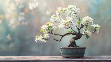 A beautiful wild apple bonsai tree, beautifully decorated with soft white flowers, blurred background, abstract background.