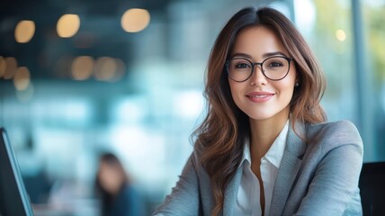 Asian female executive in smart attire, interacting with clients in high-end office, exuding professionalism and charm.