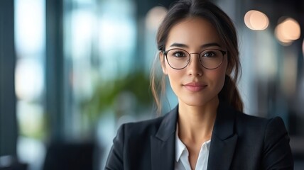 Dynamic Asian female executive in stylish suit, engaged in video conference with professional backdrop and focused expression.