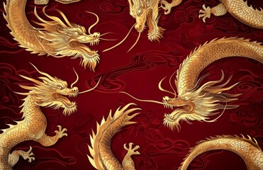 A luxurious background with golden Chinese dragon motifs swirling against a deep red backdrop,...