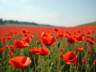 Vibrant Field of Blooming Red Poppies: Stunning Close-Up of Delicate Petals with Dark Centers Against Blurred Background for Depth and Perspective in Nature Landscape